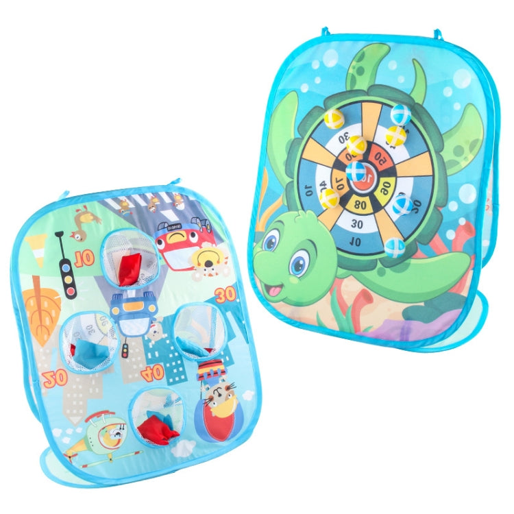Blue animal target folding sandbag board with numbered ring and snap-in throwing pockets
