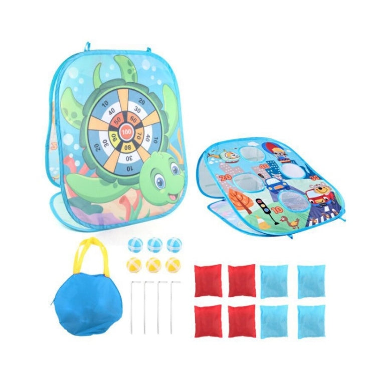 Blue folding sandbag board game with carry bag, bean bags, and target board pieces