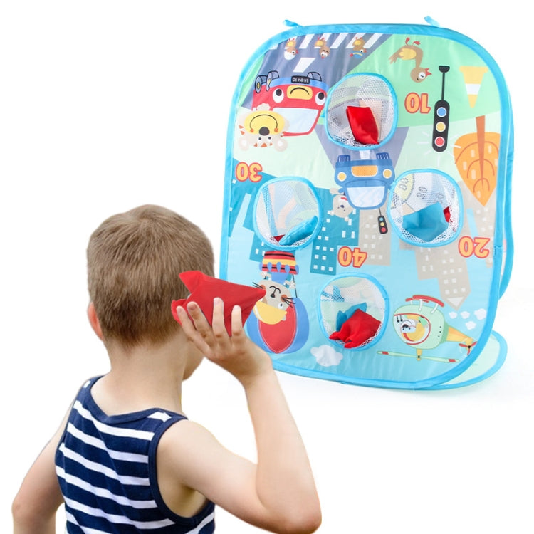 Blue folding sandbag board toy with target pockets, child tossing sandbag at the board