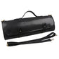 Black chef knife storage roll bag with top handle, snap straps, and shoulder strap