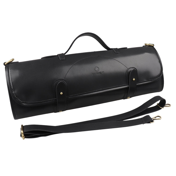 Black chef knife storage roll bag with top handle, snap straps, and shoulder strap