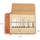 Chef knife storage roll bag with beige interior and knife slots under a flap