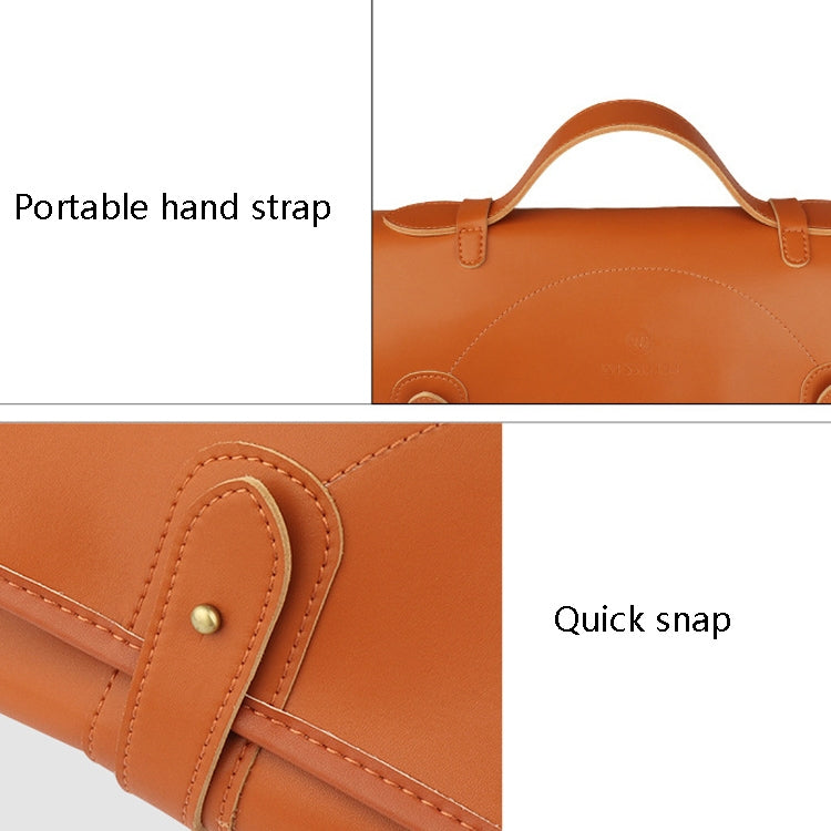 Brown knife storage roll bag with portable hand strap and snap buckle closure