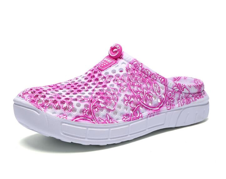 Pink floral mesh half slippers with hollow design and white rubber sole