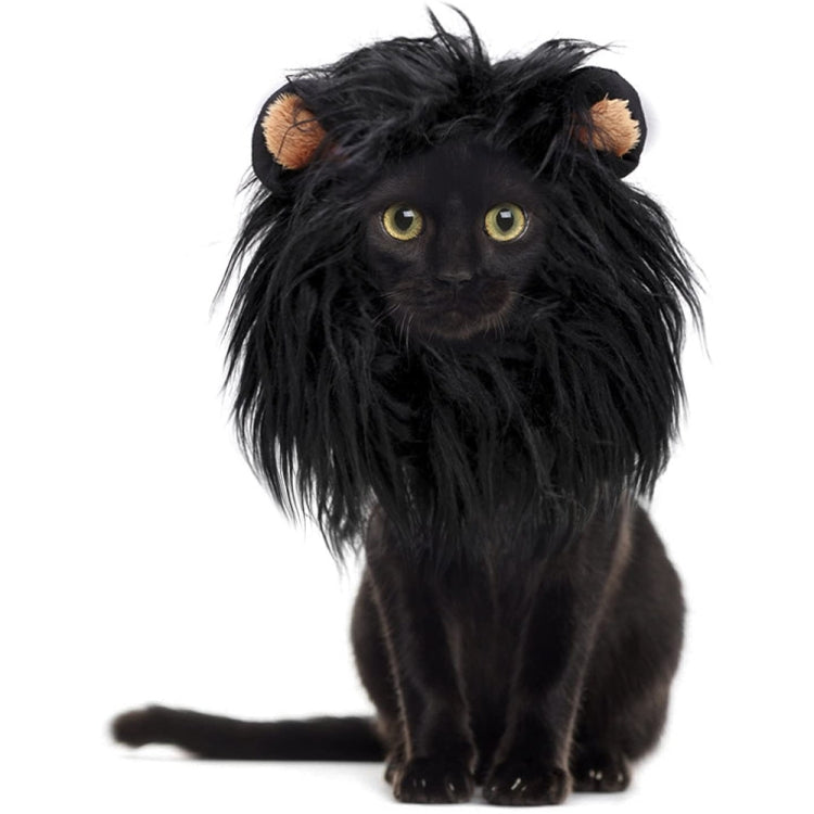 Black faux-fur lion head pet wig hat with orange ear tufts and open face area