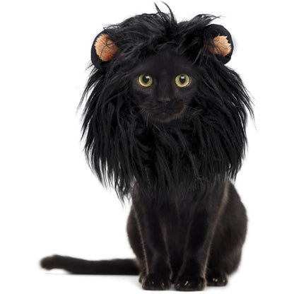 Black faux-fur lion head pet wig hat with orange ear tufts and open face area