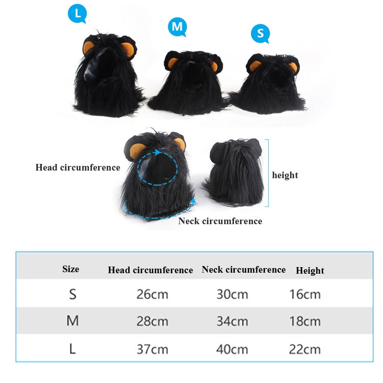 Pet lion head wig hat set in S, M, L sizes; black fur with orange ear tufts