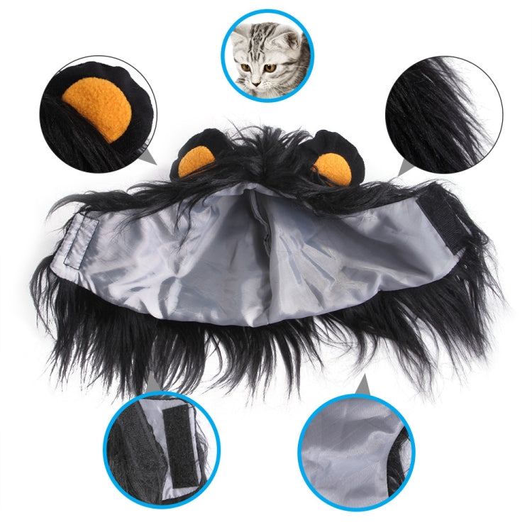 Black faux-fur pet lion head wig hat with silver lining and orange inner ear patches