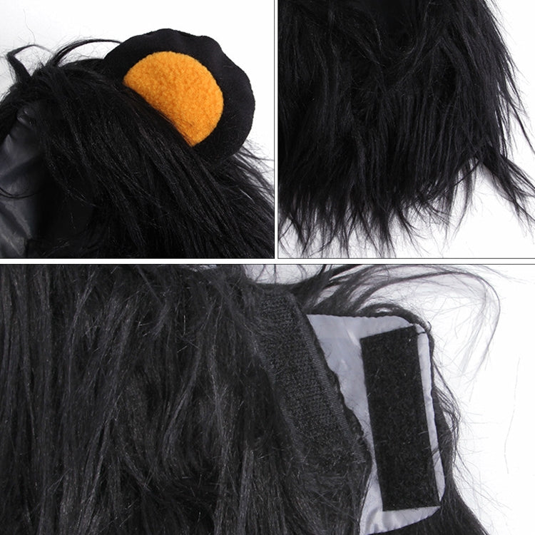 Black faux-fur pet lion head wig hat detail with orange ear patch and dense mane