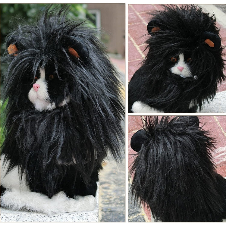 Black faux-fur lion head pet wig hat with orange ears and white muzzle detail