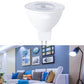 White LED bulb with clear lens cover on top and two-pin metal base