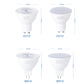 LED light cup bulb sizes shown: GU10 and MR16 with two pins