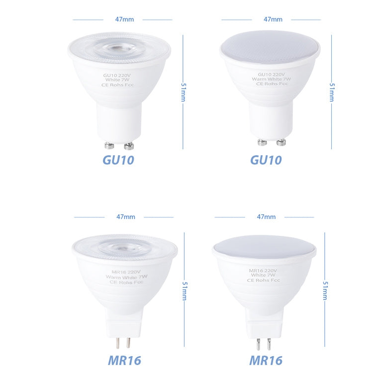LED light cup bulb sizes shown: GU10 and MR16 with two pins