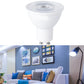 LED light bulb with white plastic cup, clear lens top, and two metal pins base