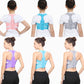 Posture correction belt back views in gray, blue, and pink on model
