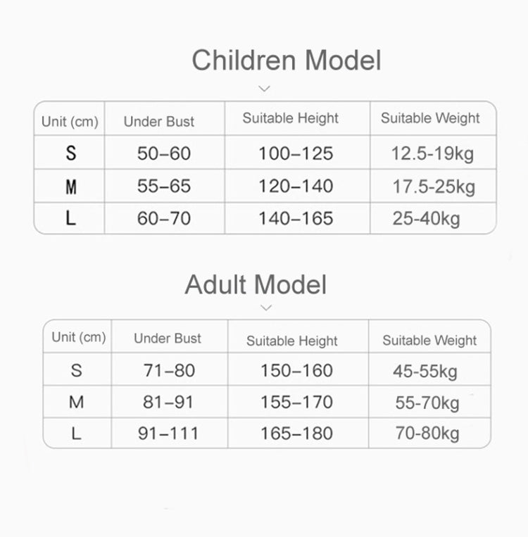 Size chart for posture correction belt, adult model measurements for S, M, L