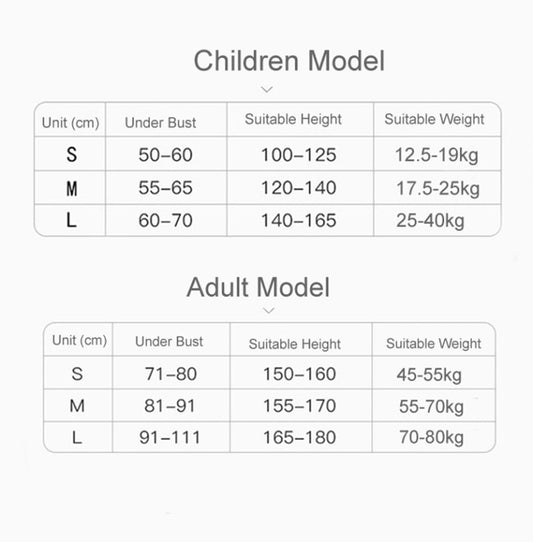 Size chart for posture correction belt, adult model measurements for S, M, L