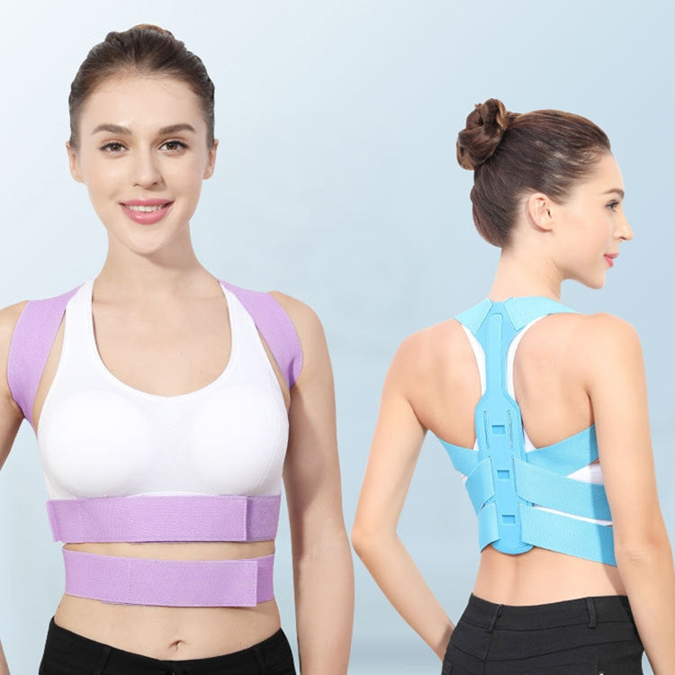Posture correction belt on model, lavender band with light gray spine brace
