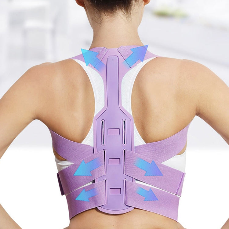 Close-up back posture correction belt with purple straps and light gray brace