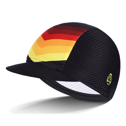 Breathable riding sun hat with black mesh crown and red-yellow striped top panel