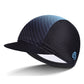 Breathable riding sun hat with black mesh crown and blue striped top panel, curved brim