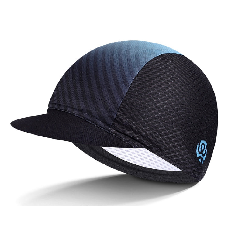 Breathable riding sun hat with black mesh crown and blue striped top panel, curved brim