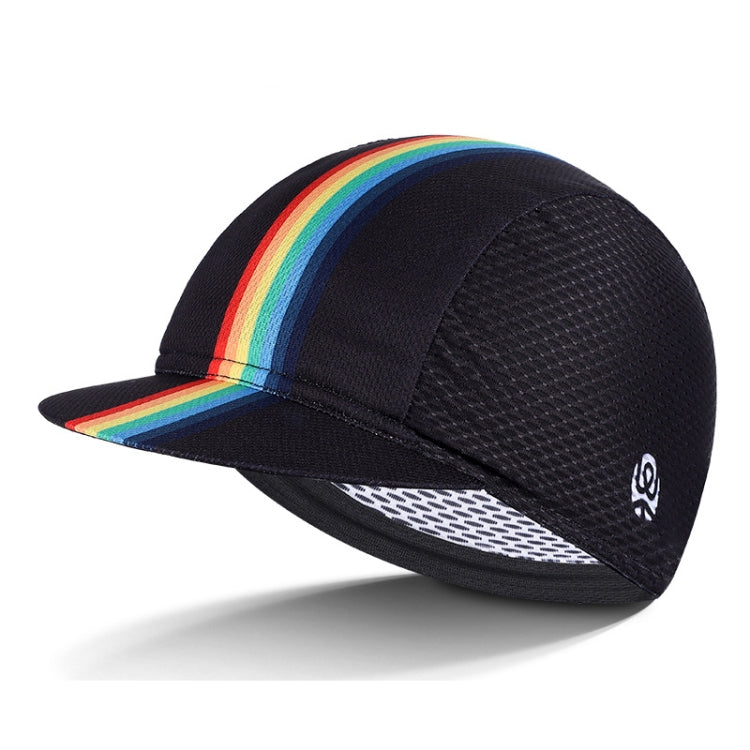 Breathable riding sun hat with black mesh crown and rainbow stripe top, curved brim