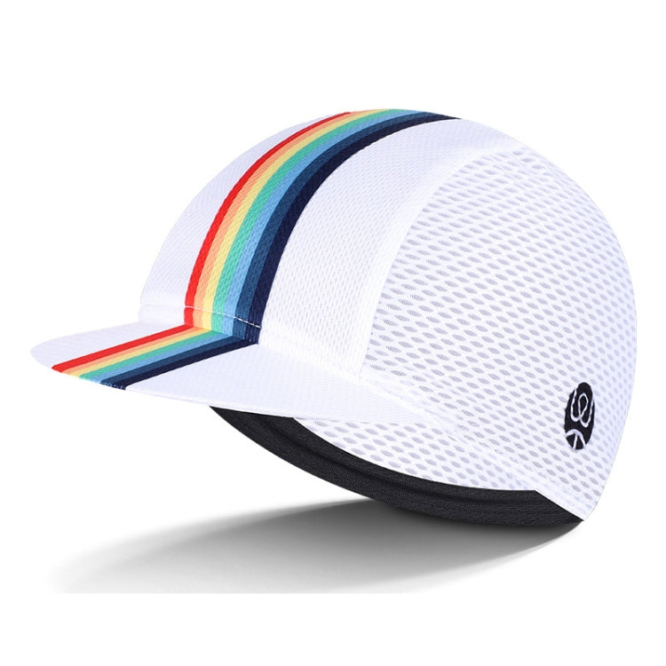 Breathable riding sun hat with white mesh crown and rainbow stripe band, curved brim