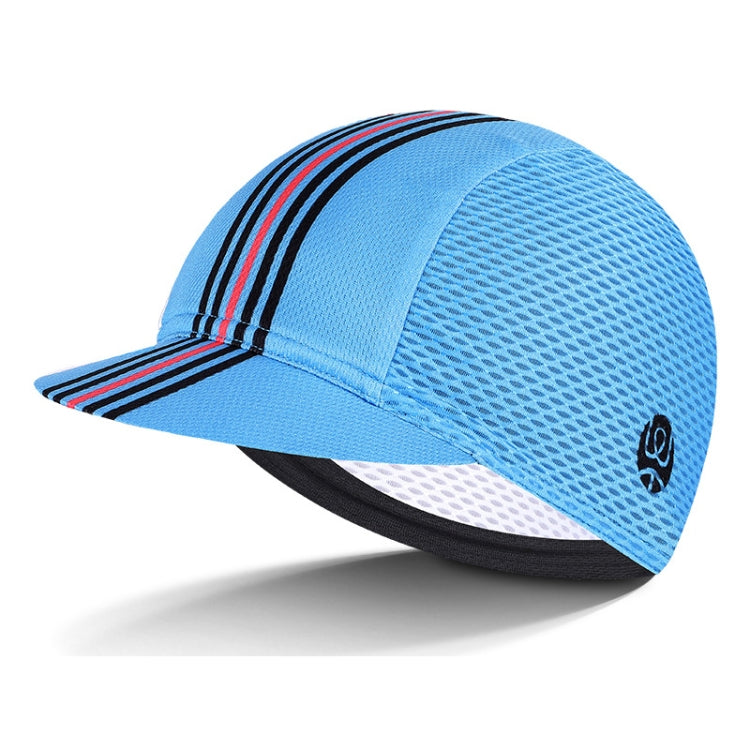 Breathable riding sun hat with light blue mesh crown and red/black stripe band, curved brim