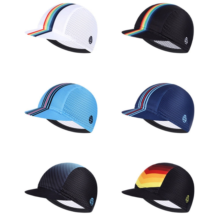 Assorted breathable riding sun hats with rainbow stripe bands in white, blue, and black