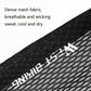 Breathable riding sun hat close-up of black mesh fabric with white printed graphic