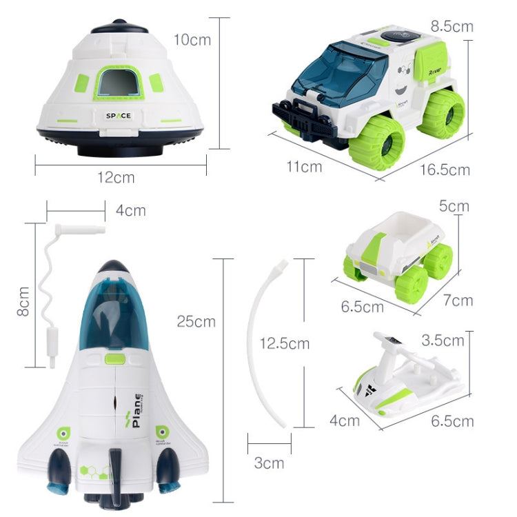 White space shuttle toy model with blue cockpit window and green details, multi-view