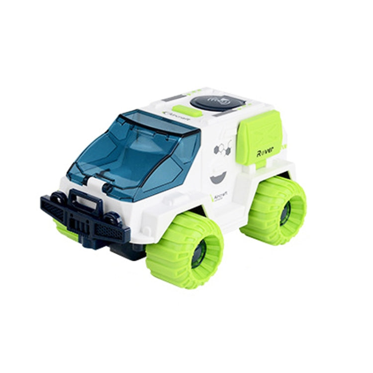 White and green space truck DIY model with blue-tinted windshield and large tread wheels