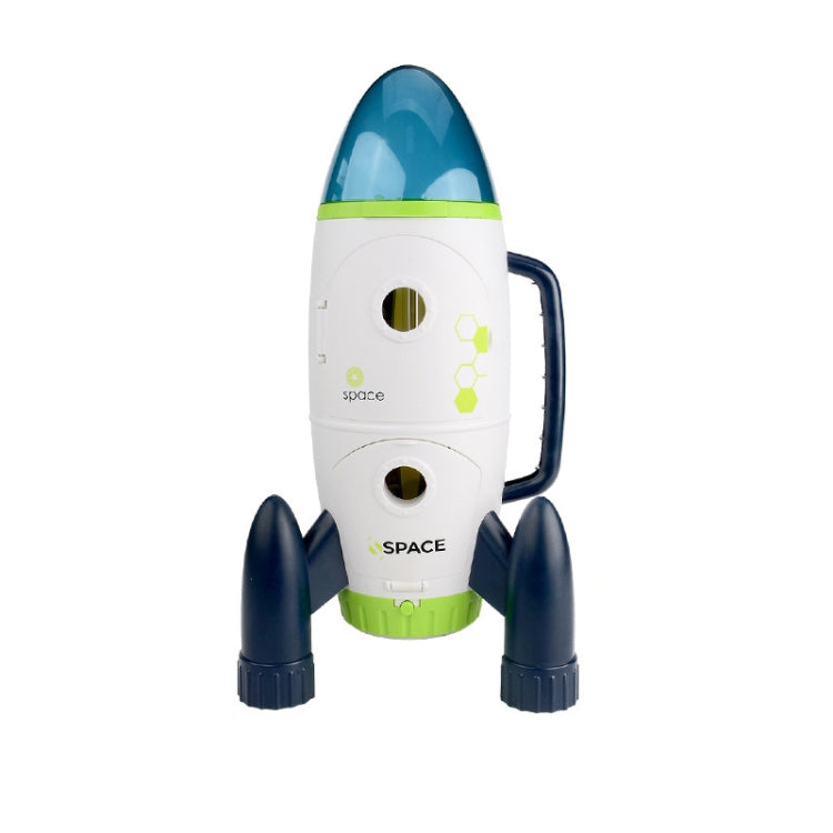White and navy rocket shuttle toy with green stripe, side handle, and round side ports