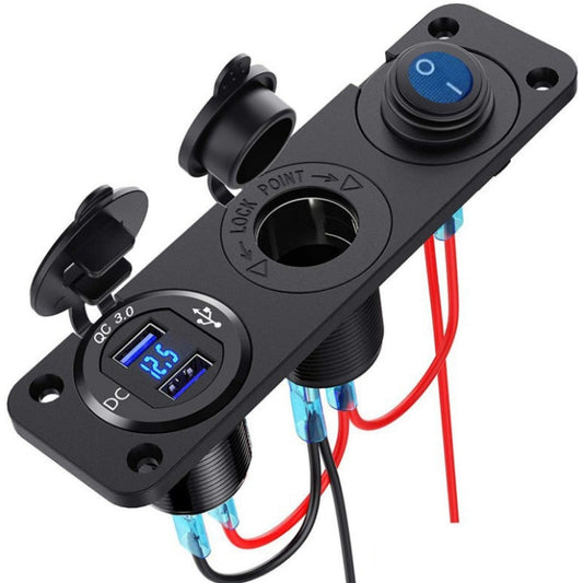 Black 12-24V car charging switch panel with QC3.0 USB ports, display, and power switch