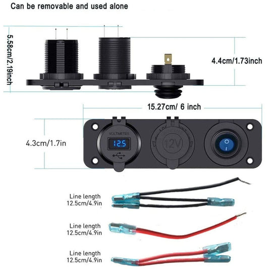 3-in-1 car charging panel diagram with dimensions, USB ports, voltmeter, and power switch