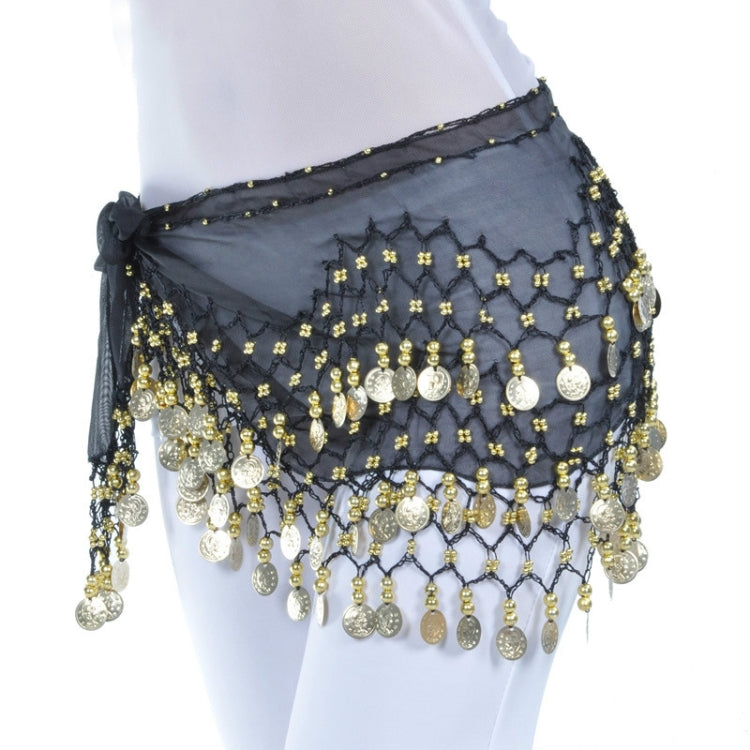 Black belly dance hip scarf with 3-row coin fringe waist chain wrap, one-size