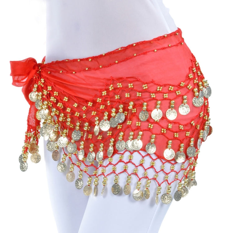Red belly dance hip scarf with 3-row coin fringe waist chain wrap, one-size