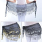 Black belly dance hip scarf worn on hips with dangling coin fringe and ties