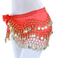 Red belly dance hip scarf worn on hips with dangling coin fringe and ties