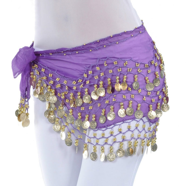 Purple belly dance hip scarf worn on hips with dangling coin fringe and ties