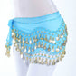 Light blue belly dance hip scarf with gold and silver coin fringe, three-row waist chain