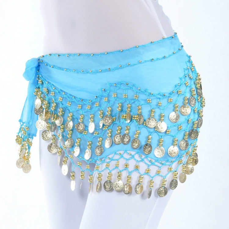 Light blue belly dance hip scarf with gold and silver coin fringe, three-row waist chain