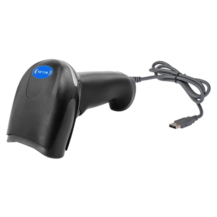 NETUM handheld barcode scanner with wired USB cable and dark housing
