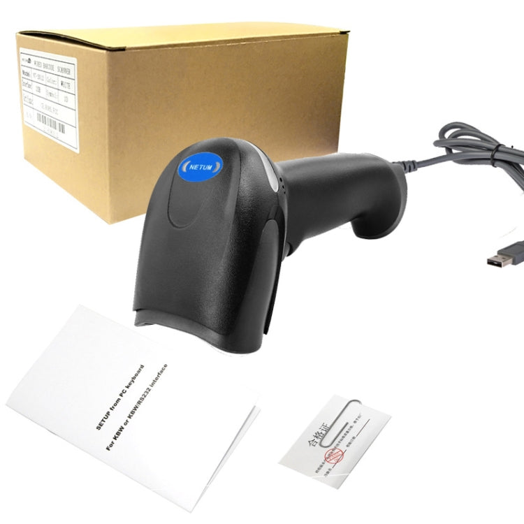 NETUM wired handheld barcode scanner with USB cable and included label cards