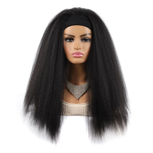Long hair wig with black headband, straight dark hair and full coverage cap
