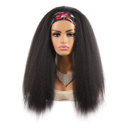 Long hair wig with star-and-stripe headband, straight dark hair full length