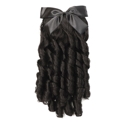 Black curly ponytail wig with satin bow at the top, full wavy curls down