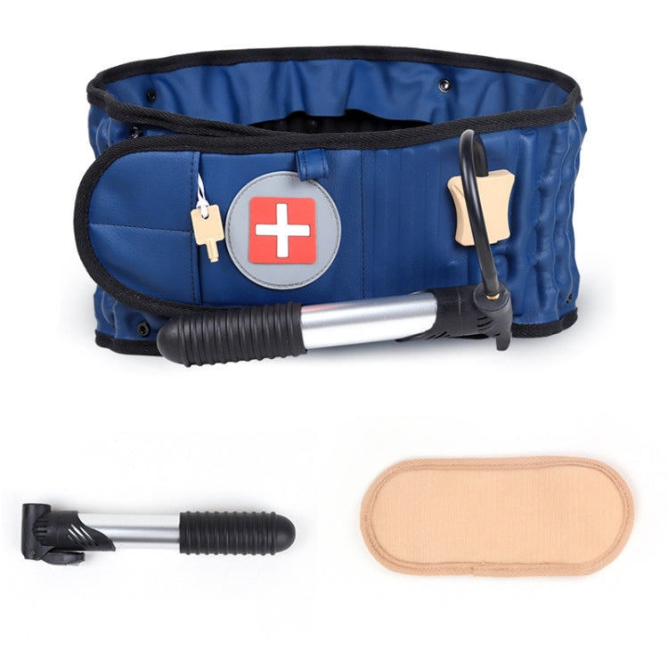 Deep blue lumbar traction belt with pneumatic pump hose and plus badge patch