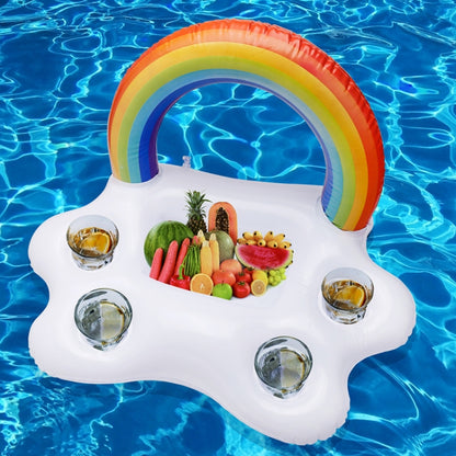 Rainbow inflatable cloud cup holder with four drink cups and rainbow arch